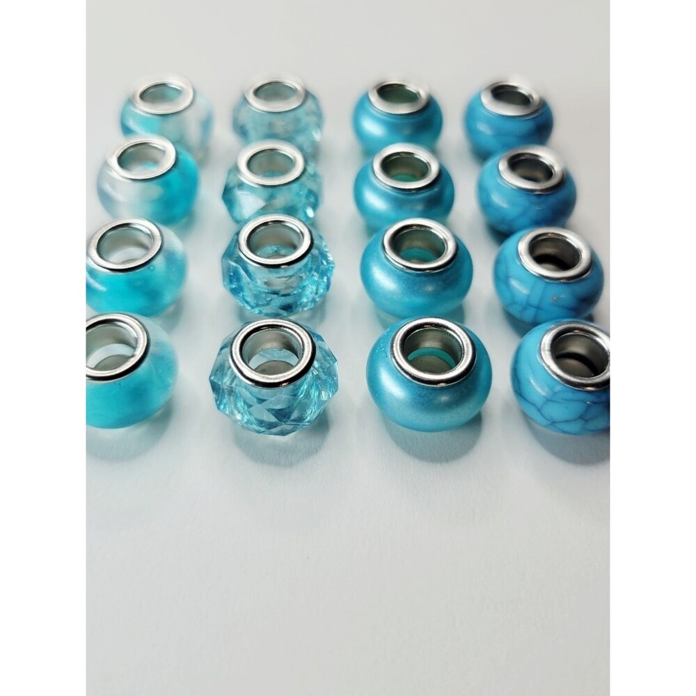 New! For Pandora 16 Aqua Blue And Silver Acrylic Large Hole European Charm Beads